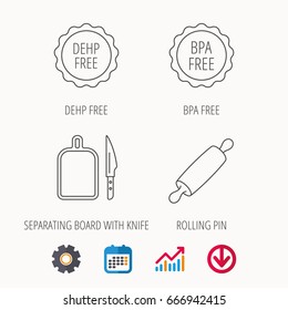 Rolling pin, separating board and knife icons. BPA, DEHP free linear signs. Calendar, Graph chart and Cogwheel signs. Download colored web icon. Vector