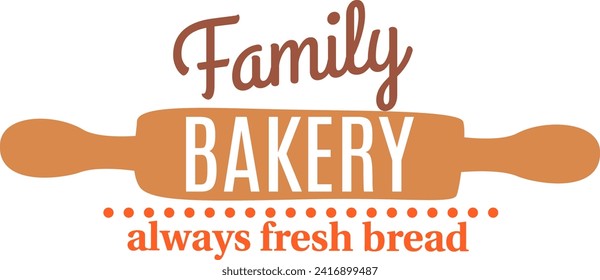 Rolling pin with text on wooden background for bakery logo. Home baking, fresh bread concept vector illustration.