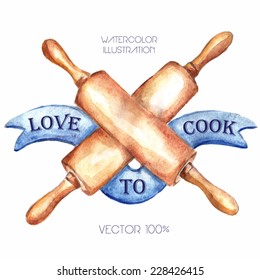 Rolling pin watercolor illustration. Vector illustration in retro style.