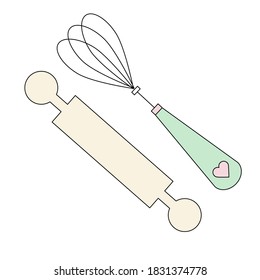 Rolling pin with whisk icon. Kitchen tools set. Bakery tools image. Vector Illustration isolated for graphic and web design, for confectionery shop or cafe.