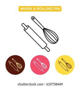 Rolling pin with whisk icon. Kitchen tools set. Bakery tools image. Outline vector Logo illustration. Trendy vector Illustration isolated for graphic and web design, for confectionery shop or cafe.