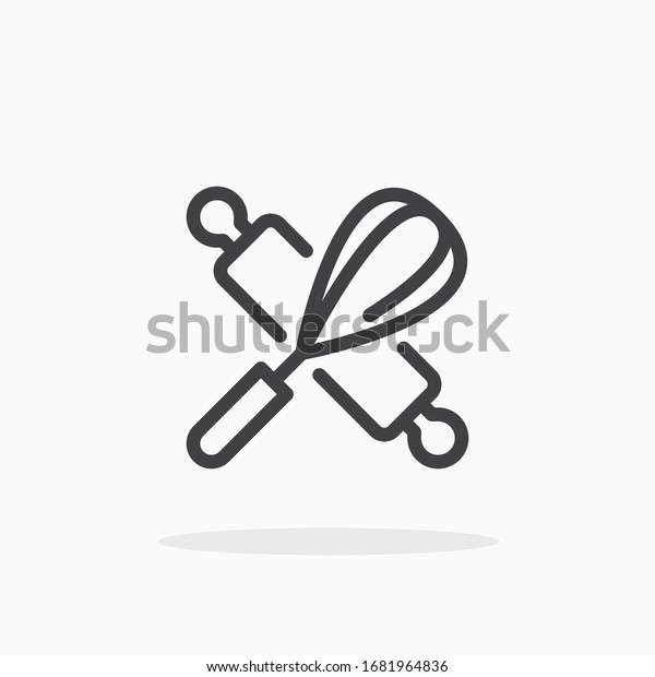 Rolling pin and whisk icon\
in line style. For your design, logo. Vector illustration. Editable\
Stroke.