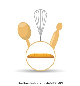 rolling pin, whisk and ladle ,fresh bakery products, vector illustration