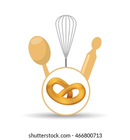 rolling pin, whisk and ladle ,fresh bakery products, vector illustration