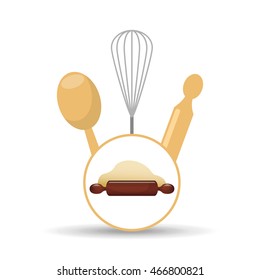 rolling pin, whisk and ladle ,fresh bakery products, vector illustration