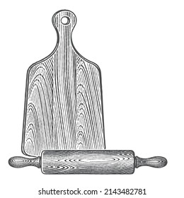 Rolling pin and wooden cutting board. Сookbook decor. Household cooking equipment. Hand drawn engraving style vector illustration.