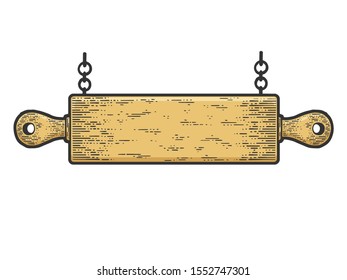Rolling pin wooden plate sketch engraving vector illustration. T-shirt apparel print design. Scratch board imitation. Black and white hand drawn image.