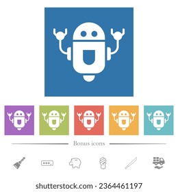 Rolling robot flat white icons in square backgrounds. 6 bonus icons included.