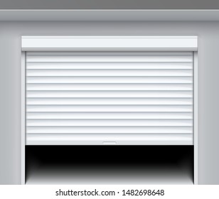Rolling shutter door. Roller garage metal gate. Electric roll white window background shutter.