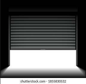 Rolling shutter door. Roller garage metal gate. Electric roll white window background shutter