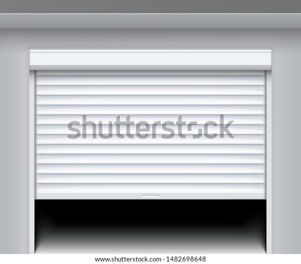 Rolling shutter door. Roller garage\
metal gate. Electric roll white window background\
shutter.