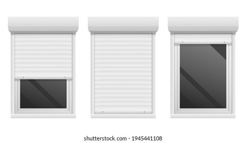 Rolling shutters. Realistic facade roller blind, window metal frame. 3D open and close white jalousie mockup. Vector home and office exterior furniture template for privacy or safety