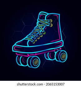 Rolling skate neon art logo. Inline skater colorful design with dark background. Sport shoes vector illustration. Isolated black background for t-shirt, poster, clothing, merch, apparel. 