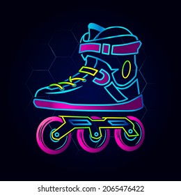 Rolling skate neon art logo. Inline skater colorful design with dark background. Sport shoes vector illustration. Isolated black background for t-shirt, poster, clothing, merch, apparel. 