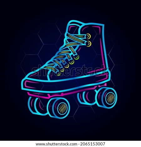 Rolling skate neon art logo. Inline skater colorful design with dark background. Sport shoes vector illustration. Isolated black background for t-shirt, poster, clothing, merch, apparel. 