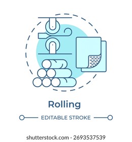 Icono de concepto azul suave rodante. Hierro que pasa a través de pares de rollos para reducir el espesor. Proceso de fabricación de acero. Ilustración de línea de forma redonda. Abstractas idea. Diseño gráfico. Fácil de usar en