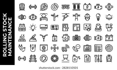 Rolling stock maintenance icon set for railway industry and train repair services featuring engine parts, electrical tools, and safety equipment