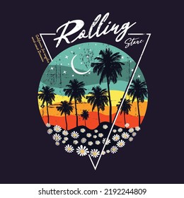 Rolling stone Palm tree sunset beach in California,  Circular gradient background. T shirt design element. Vector illustration, flat design,   Icon night on the beach with palm trees. Evening sunset 