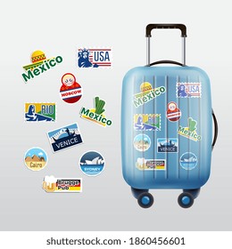 Rolling suitcase with travel stickers. Baggage with world landmark labels. Vacation journey vector illustration