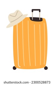 Rolling travel suitcase with hat vector illustration