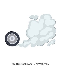 Rolling vehicle tire creating a large cloud of white smoke, illustrating concepts of speed, burnout, friction, engine power, and competitive racing on a clean white background