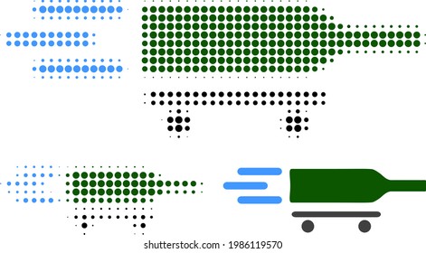 Rolling wine delivery halftone dotted icon. Halftone pattern contains circle points. Vector illustration of rolling wine delivery icon on a white background.