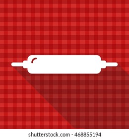 Rolling-pin vector icon on red tablecloth texture with long shadow design 