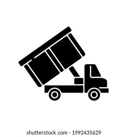 Roll-off truck black glyph icon. Open top dumpster. Organizational clear outs. Convenient disposal option. Hauling household junk. Silhouette symbol on white space. Vector isolated illustration