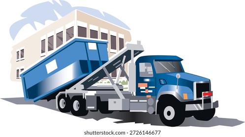 A roll-off truck designed for transporting large, open-top dumpster containers using a hydraulic loading system. Commonly used for construction, demolition, renovation, and large cleanout projects, this heavy-duty vehicle efficiently loads and unloads wheeled containers by allowing them to roll on and off the truck bed.