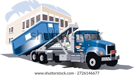 A roll-off truck designed for transporting large, open-top dumpster containers using a hydraulic loading system. Commonly used for construction, demolition, renovation, and large cleanout projects, this heavy-duty vehicle efficiently loads and unloads wheeled containers by allowing them to roll on and off the truck bed.