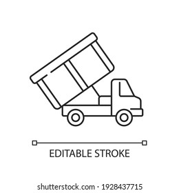 Roll-off truck linear icon. Open top dumpster. Organizational clear outs. Disposal option. Thin line customizable illustration. Contour symbol. Vector isolated outline drawing. Editable stroke