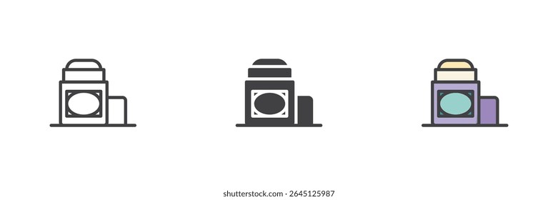 Roll-on antiperspirant bottle icon in line, solid and filled outline styles. Hygiene symbol for scent control and body care. Vector icon for clean freshness.