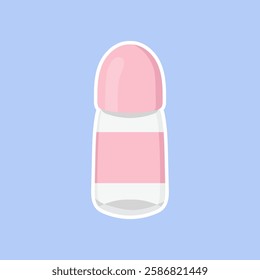 Roll-on deodorant icon. A pink and white roll-on deodorant bottle on a blue background. Used for personal hygiene, odor protection, and freshness.