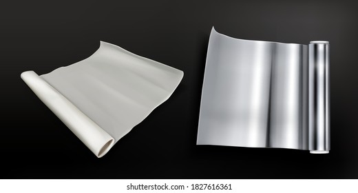 Rolls of aluminium foil and baking paper isolated on black background. Vector realistic set of tube with white greaseproof parchment and metal cooking foil. Wrapping material in coil