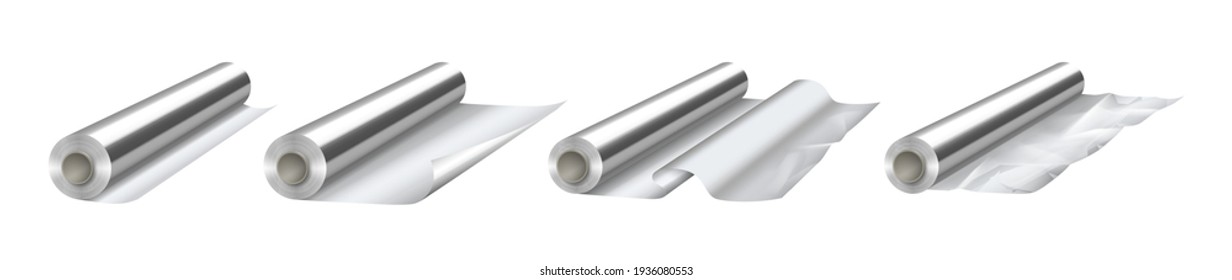 Rolls of aluminium foil close up isolated on white background. Realistic aluminum paper for cooking, storage or packing. 3d vector illustration