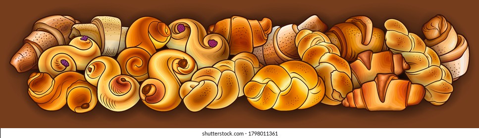 Rolls, bagels, braids hand drawn vector doodles illustration. Bake shop elements and objects cartoon background. Bright colors funny bakery banner