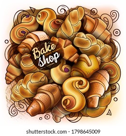 Rolls, bagels, braids hand drawn vector doodles illustration. Bake shop elements and objects cartoon background. Bright colors funny bakery picture