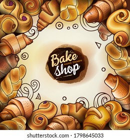 Rolls, bagels, braids hand drawn vector doodles illustration. Bake shop elements and objects cartoon frame. Bright colors funny bakery border