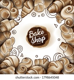 Rolls, bagels, braids hand drawn vector doodles illustration. Bake shop elements and objects cartoon frame. Funny bakery border