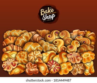 Rolls, bagels, braids hand drawn vector doodle illustration. Bake shop object elements cartoon background. Bright colors funny bakery banner