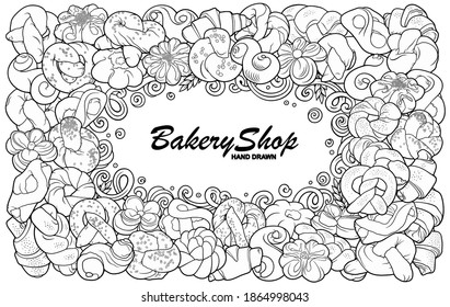 Rolls, bagels, braids hand drawn vector doodles illustration. Bake shop elements and objects cartoon frame. Line art funny bakery border