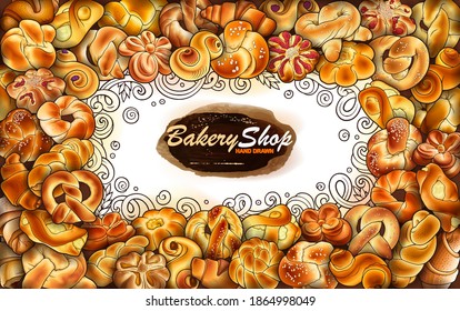 Rolls, bagels, braids hand drawn vector doodles illustration. Bake shop elements and objects cartoon frame. Bright colors funny bakery border