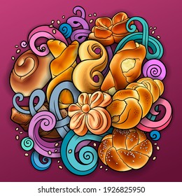 Rolls, bagels, braids hand drawn vector doodles illustration. Bake shop elements and objects cartoon background. Bright colors funny bakery picture