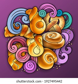Rolls, bagels, braids hand drawn vector doodles illustration. Bake shop elements and objects cartoon background. Bright colors funny bakery picture