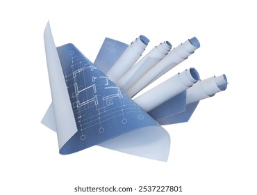 Rolls of blue paper with drawings. Vector illustration