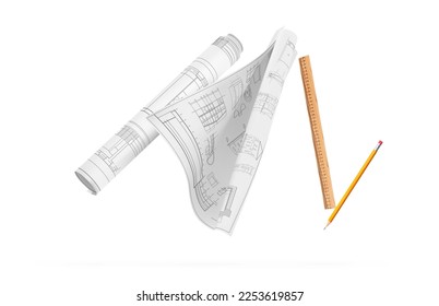 Rolls with blueprints, a ruler and a pencil in the air on a white background. Vector illustration