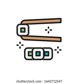 Rolls with chopsticks, japanese cuisine flat color line icon.