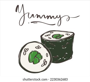 Rolls with cucumber close-up. Japanese rolls with seafood and rice. Vector illustration for any design.