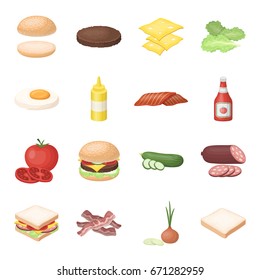 Rolls, cutlets, cheese, ketchup, salad, and other elements. Burgers and ingredients set collection icons in cartoon style vector symbol stock illustration web.