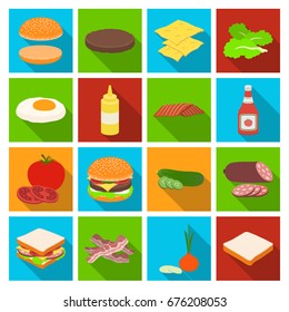 Rolls, cutlets, cheese, ketchup, salad, and other elements. Burgers and ingredients set collection icons in flat style vector symbol stock illustration web.